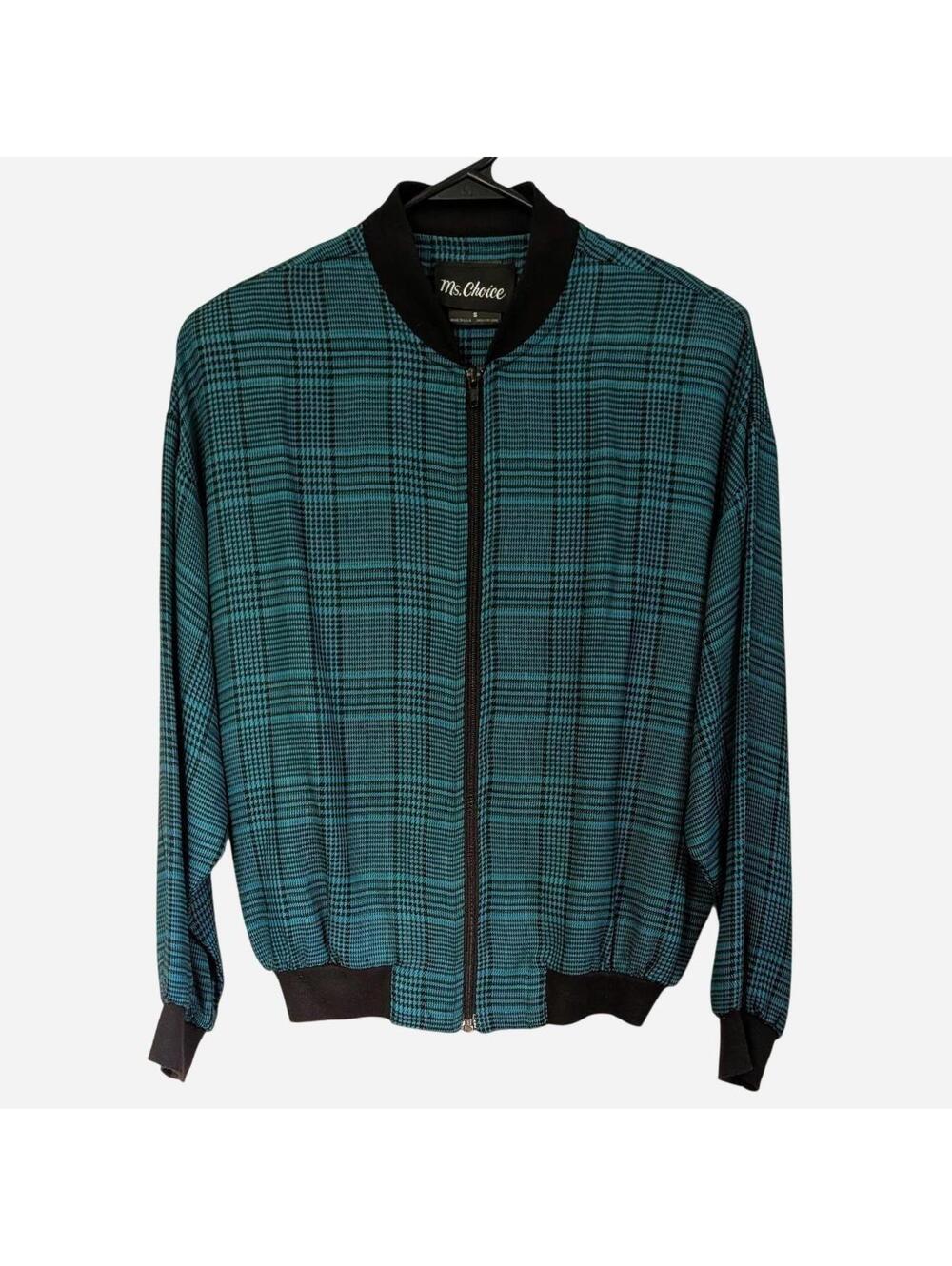1990s Teal and Black Plaid Bomber Jacket Vintage Size S
